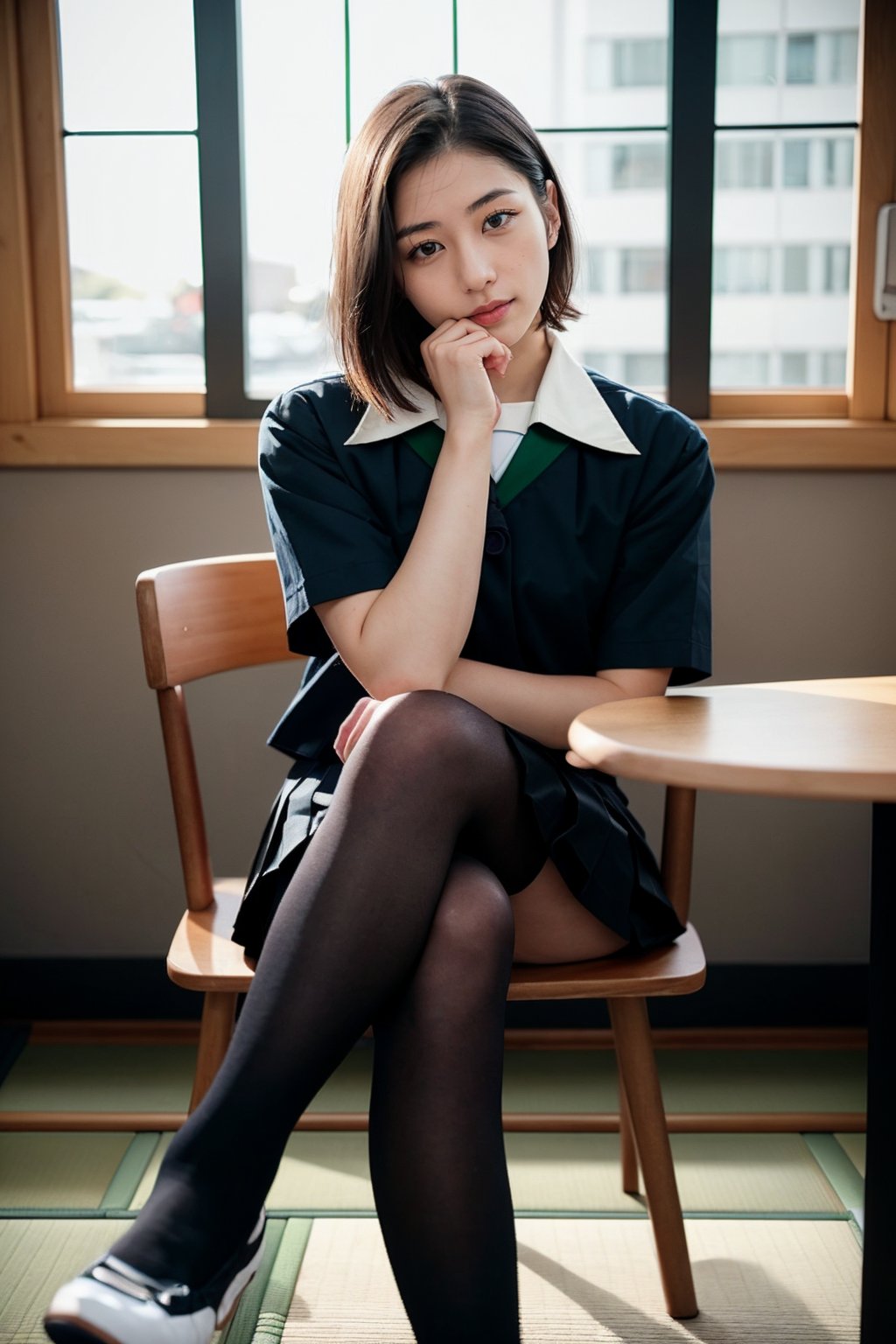 1 girl , taiwanese,  25_years old ,Asia, senior hight school, D cup, {{short_hair the ends are cut around chin length}}, Sailor suit uniform, skirt, {{4K_quality}}, ((japanese_JK_uniform)), Extremely Realistic, smaller head,studentofMisery, Fujifilm_camera , Aperture _F1.4, XF56mmF1.4 ,full-body shot, Bokeh, IG: iwakura shiori, stockings,canvas shoes, seat on the chair, {{window next to starbucks}}, Backlight, sideways ,{{ silhouette}}, indoor only sun light,time is 3P.M.,  turning head to look like a camera, No light indoors, light only form windows,Hands on the table, one hand resting on the chin, coffee cup on the table, film_style, cross her legs, Zettai Ryōiki