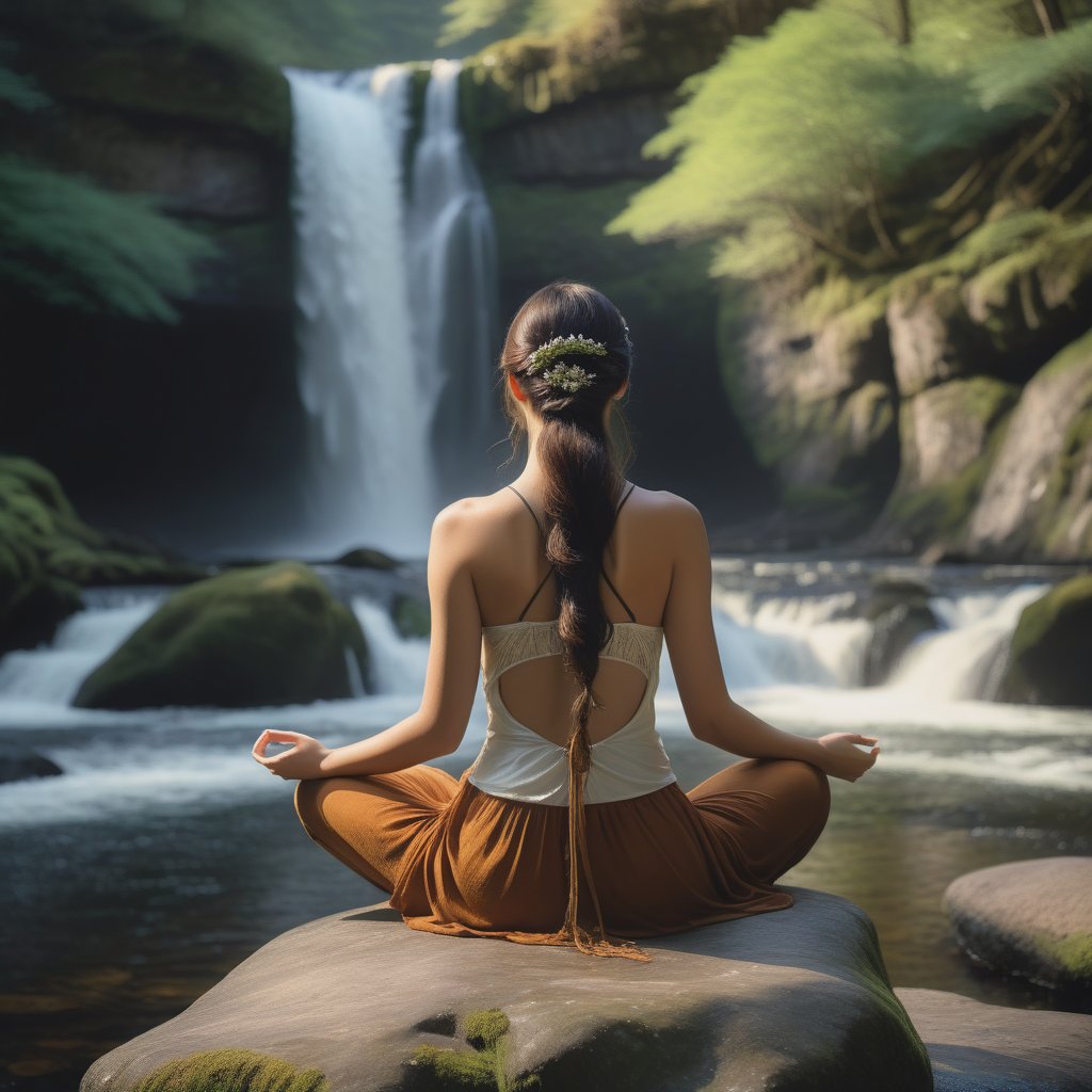 A serene, Art Nouveau-inspired scene: a youthful woman sits in tranquil contemplation, her back turned to the viewer as she faces a majestic waterfall cascading down moss-covered rocks. Her gentle hands cradle a delicate flower, while her eyes gaze inward, lost in thought. Soft, golden light casts a warm glow on her raven hair and the lush greenery surrounding her.