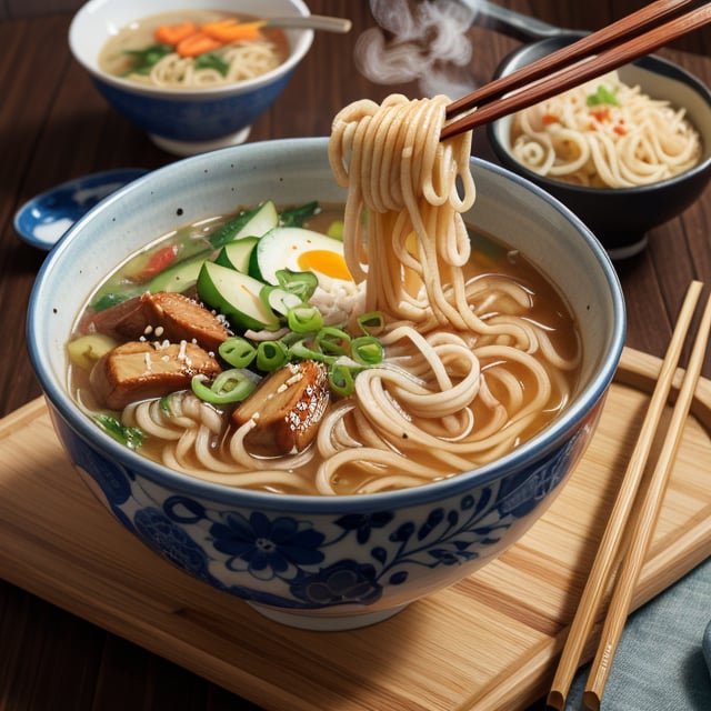 A steaming bowl of raman noodles, chopsticks, chinese spoon,.
