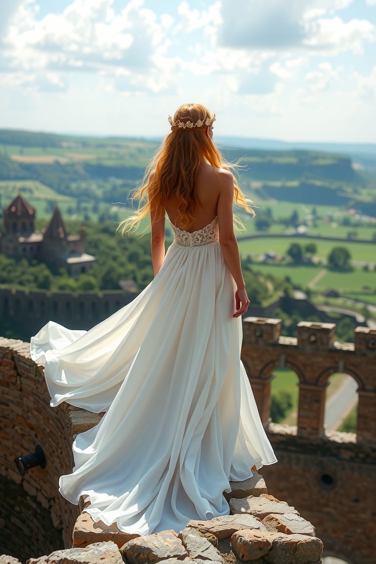 A stunning vision of a lovely lady in a radiant white gown, flowing behind her like a wispy cloud. Standing atop an ancient city's crumbling wall, she gazes wistfully across the rolling hills and distant fields. Her golden locks cascade down her back as she pines for her warrior love, awaiting his triumphant return on his majestic steed.