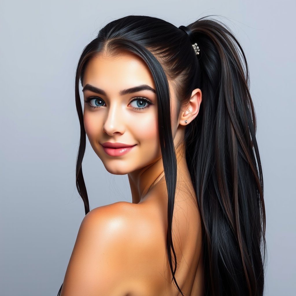 A head to shoulder portrait of a beautiful young American woman, age 21, long black hair, ponytail, blue eyes, slight smile, perfect body, Light grey background.