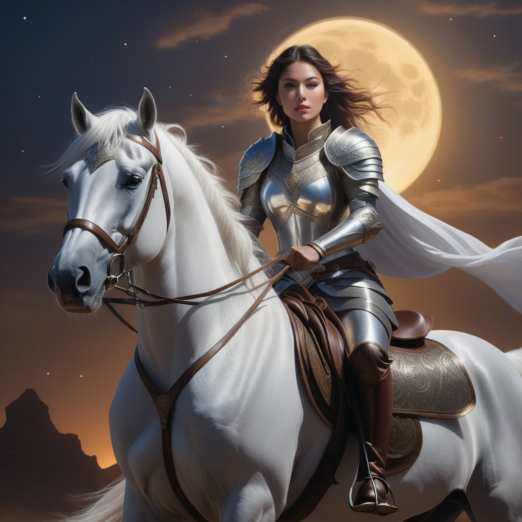 A majestic young warrior, clad in shimmering armor, gallops atop a gleaming white stallion under the soft glow of a crescent moon. The night air is alive with the sound of pounding hooves as enemy horsemen give chase in the distance. Her piercing eyes, like sapphires shining bright, sparkle with determination and courage as she faces the impending battle. The photorealistic rendering captures every detail, from the intricate plate mail to the delicate features of her face, inviting the viewer to step into this fantasy world.