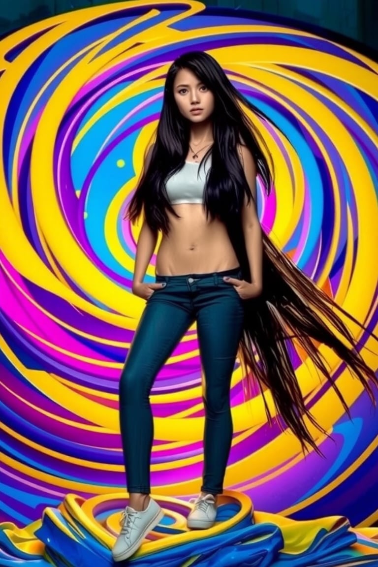 A radiant young woman with piercing green eyes and raven-black hair, posed in a dynamic stance against a vibrant, swirling background of electric blue and sunshine yellow hues. The soft focus on her face highlights the gentle curves of her features as she gazes upward, while the random shapes and colors behind her create a sense of whimsy and wonder.