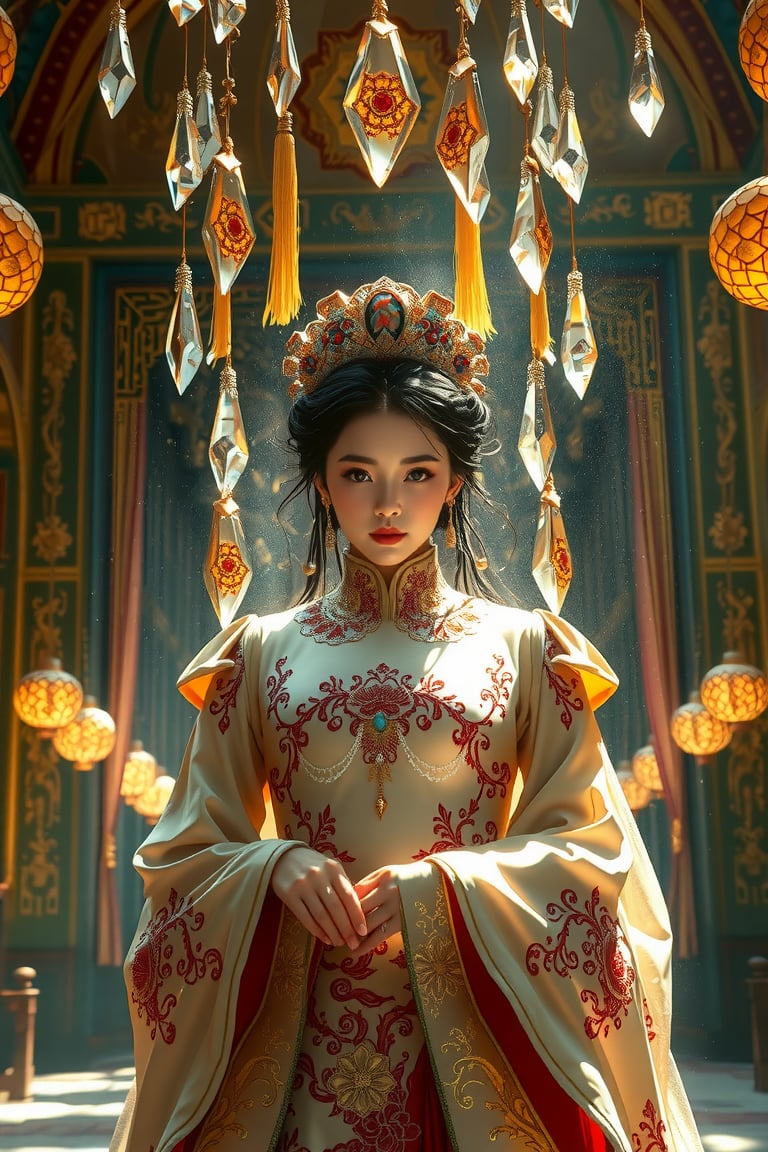 A majestic Chinese princess stands amidst the ornate halls of a grand palace, soft sunlight wrapping her in a warm glow. Embroided silk attire flows like a shimmering aura around her, intricate patterns reflecting the delicate dance of gold and lace. Crystals suspended from the ceiling refract light, casting a kaleidoscope of colors across her face as she radiates ethereal beauty.