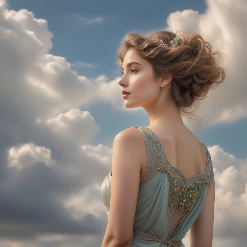 A whimsical Art Nouveau portrait of a youthful woman, her delicate features illuminated by soft, ethereal light. She stands tall, with one hand resting on the shoulder of a stone column, as if embracing the wispy clouds that drift across the dreamy background. Her flowing hair and attire blend seamlessly with the organic curves of the surrounding architecture, creating a sense of harmony between nature and art.