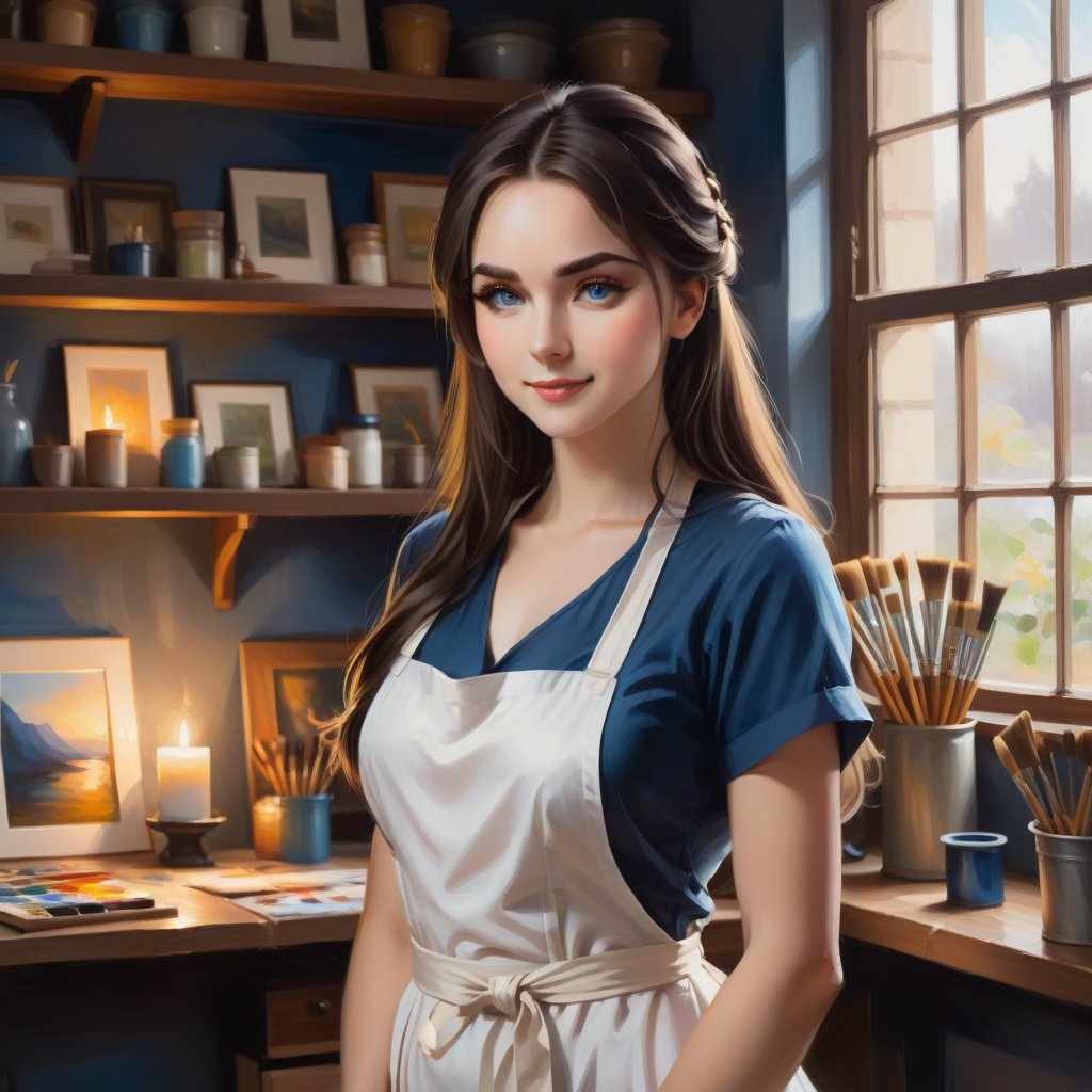 A Studio Encounter: A soft-focus, warm-toned oil painting depicts a gentle house maid posed in an artist's studio. She wears a simple, yet elegant blue dress and a crisp white apron, her long hair cascading down her back like a golden waterfall. Her piercing blue eyes, fringed with lush lashes, captivate the viewer's gaze, as if holding them spellbound. The room is dimly lit by a single, high-set window, casting a warm glow on the subject and the various art supplies scattered about. In the background, shelves lined with paints, brushes, and canvases add a sense of artistic depth to the scene.