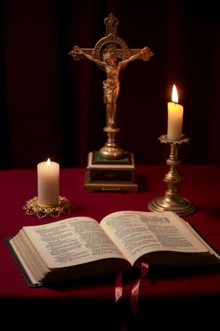 A solemn moment of reverence is captured as a worn Bible lies open on an ornate altar, beside a majestic cross and a flickering lit candle that casts a warm golden glow. The richly colored fabric of the altar cloth provides a deep, muted backdrop for the sacred objects.