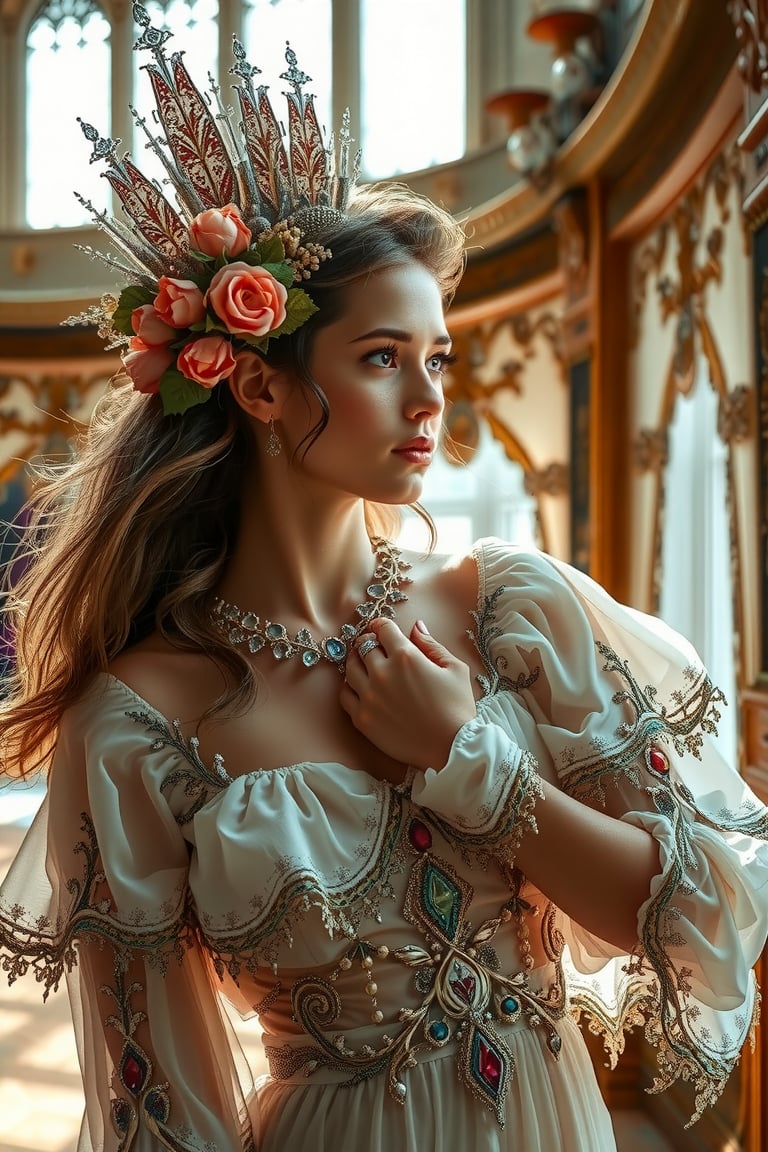 beautiful young woman , chiffon clothes, inside ornate palace , sunlight ,gold and lace entanglement, crystal and silver entanglement