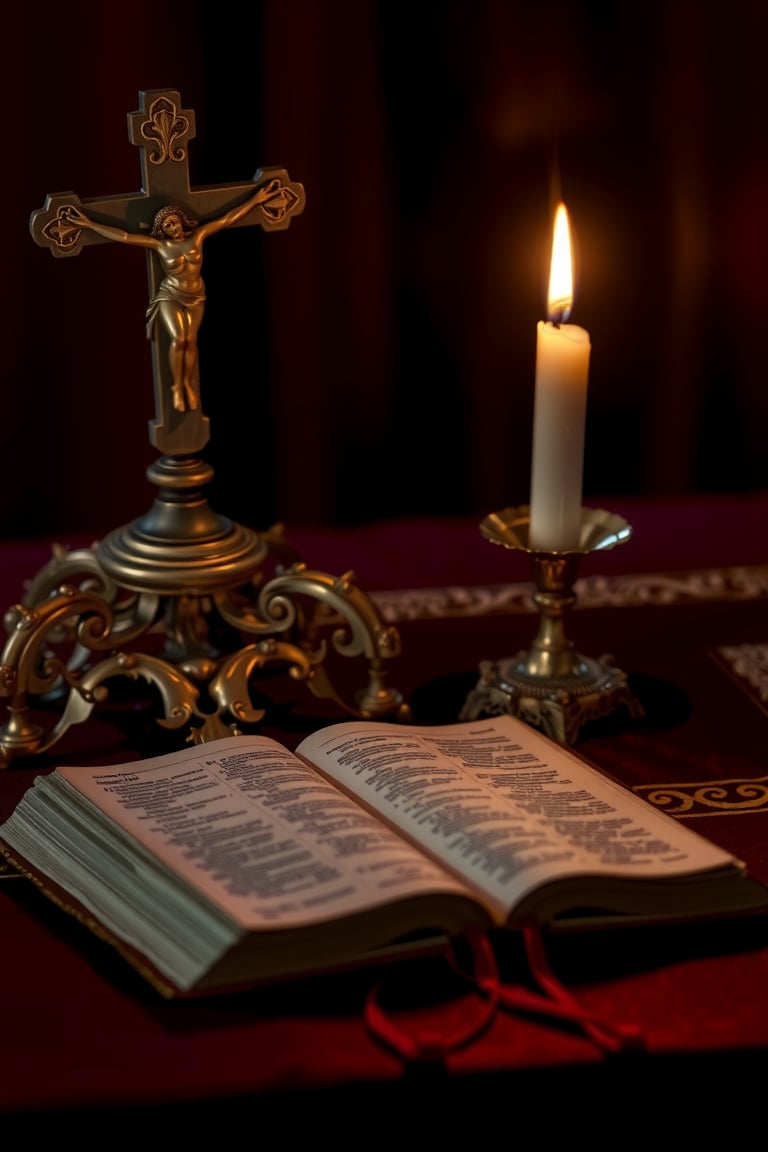 A solemn moment of reverence is captured as a worn Bible lies open on an ornate altar, beside a majestic cross and a flickering lit candle that casts a warm golden glow. The richly colored fabric of the altar cloth provides a deep, muted backdrop for the sacred objects.