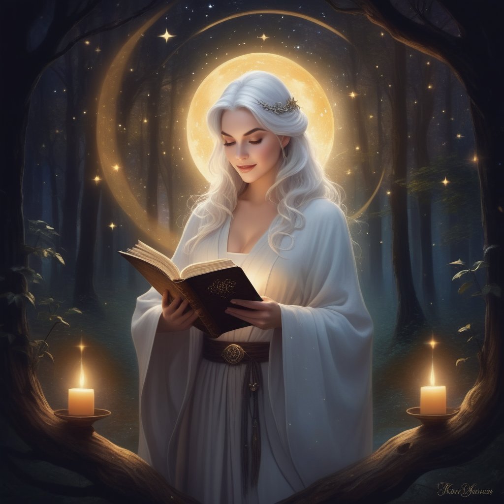 A mystical scene unfolds under the celestial canvas of stars, where a stunning witch, embodying Grandparent Core's essence, sits serenely amidst an enchanted forest. She dons a flowing white robe, illuminated by soft, lunar-like lighting, as she pores over ancient tomes in a worn grimoire. The atmosphere is heavy with magic, the air thick with anticipation, as the trees' whispers weave into the mystique of this whimsical, star-kissed night.