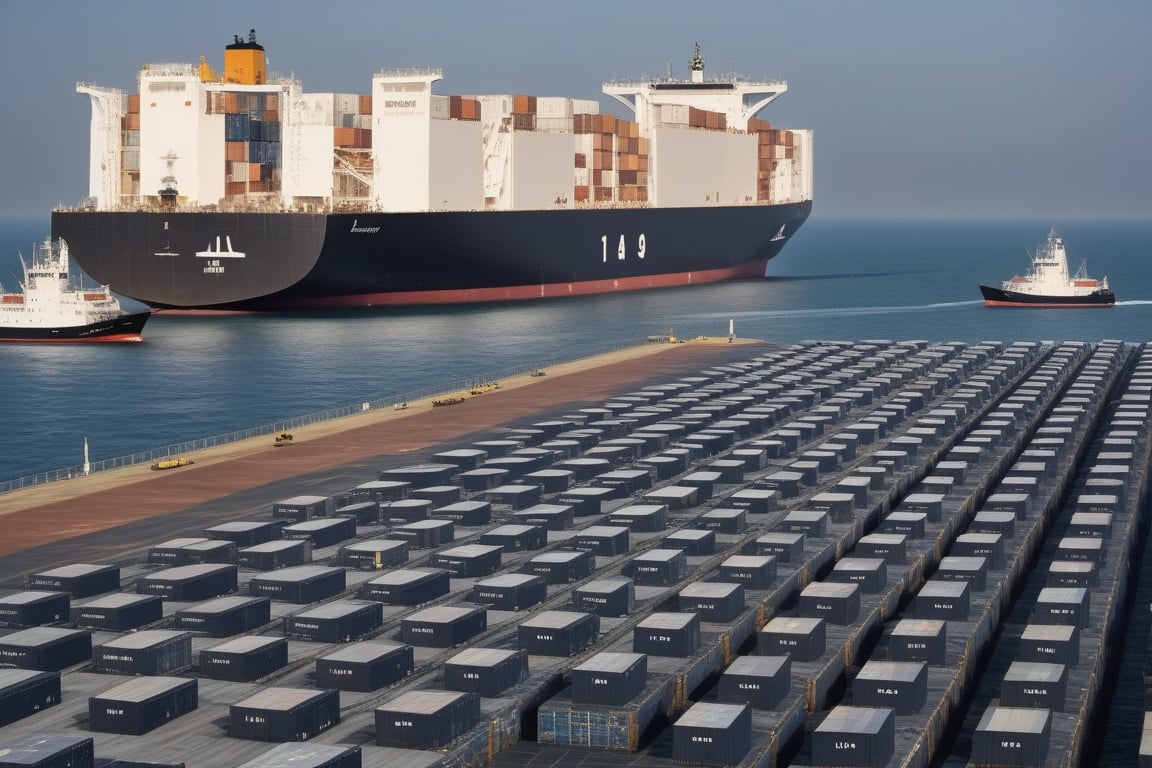 A majestic cargo ship, its massive hull and towering cranes a testament to modern marvels, navigates the open waters, transporting an astonishing quantity of goods across the vast expanse. The vessel's rugged exterior and bustling activity on deck evoke a sense of awe, as it dwarfs smaller boats and sailboats in its wake.