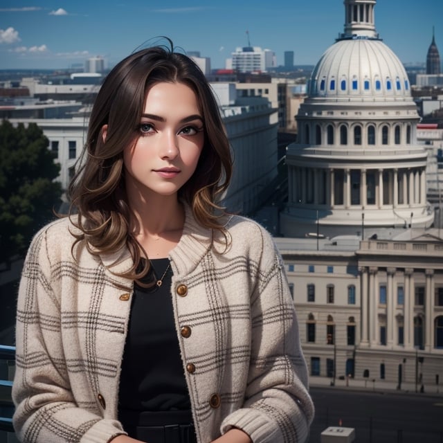 1girl, blonde, styled, slim built, small bust, long legs, bewitching  brown eyes, wing eyeliner, long eyelashes, blue eye shadow, realistic skin, easy to smile, better hands, five fingers, photorealistic, cinematic and dramatic lighting.  @gamma,   Detailed facial expression. Reporter on news in front of capital building