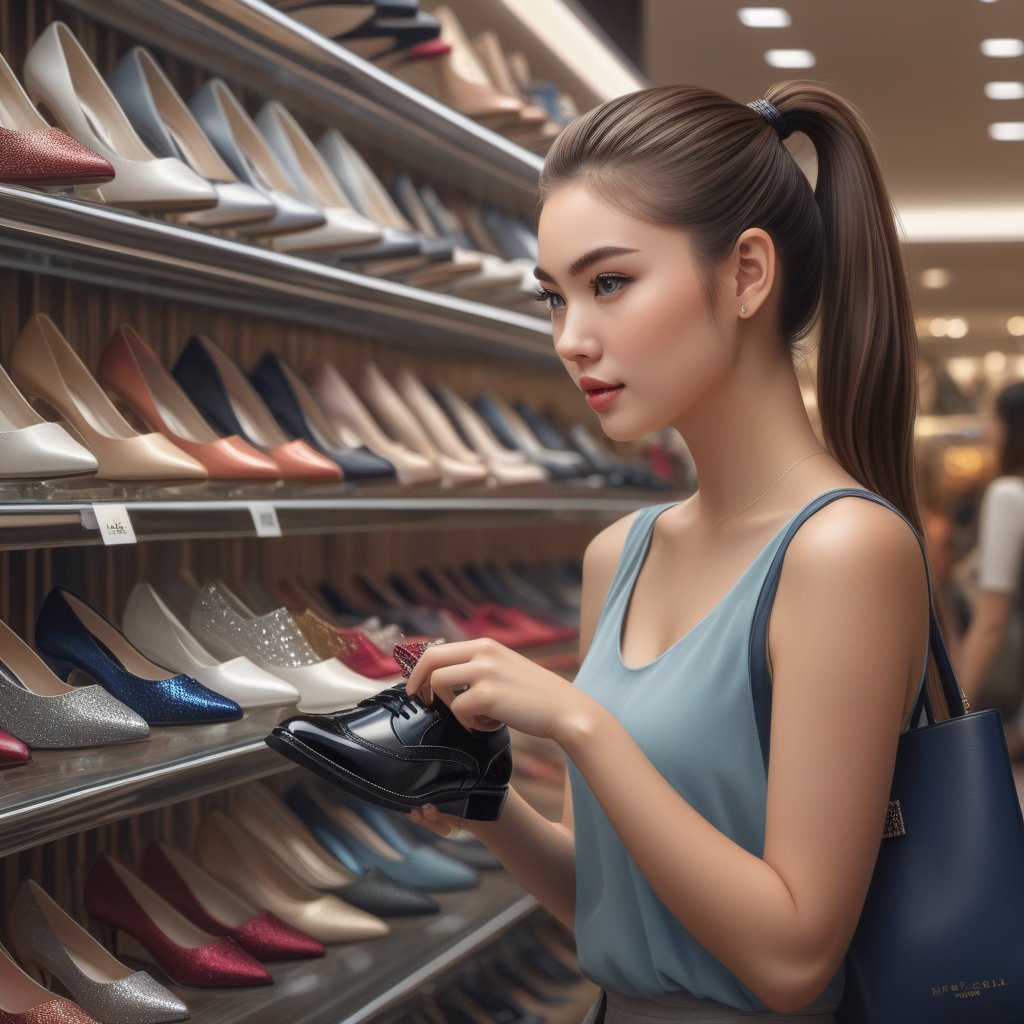 A young American woman with a ponytail, browsing through a downtown Tokyo department store's shoe section. She holds a shoe in her hand, admiring its details as she scans the rack. Fantasy and digital art come together to create a photorealistic portrait of this lovely lady, featuring XL detailed features and perfect eyes that sparkle like diamonds.