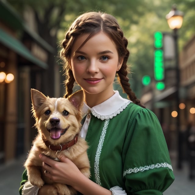 1girl, solo, looking at viewer, smile, brown hair, long sleeves, dress, holding, closed mouth, green eyes, upper body, braid, outdoors, puffy sleeves, blurry, twin braids, depth of field, blurry background, animal,  building, green dress, dog, realistic, green shirt, holding animal. Judy Garland and her little dog in the movie "wizard of Oz" posing in front of the Emerald City, cinematic lighting, detail her face, parody