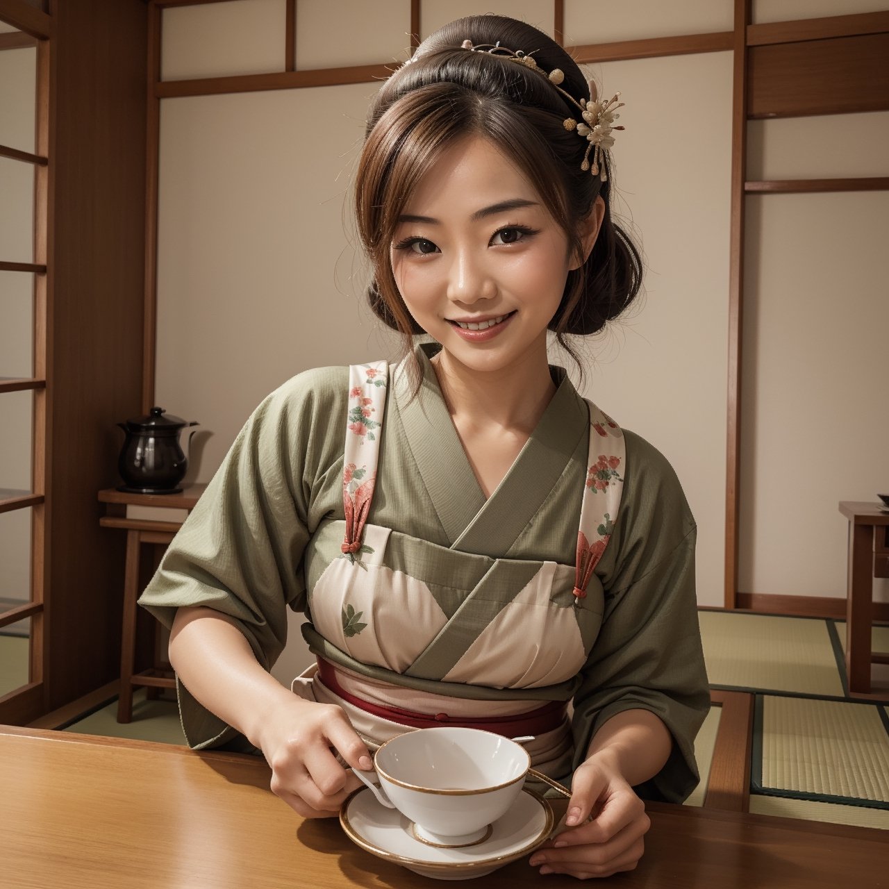 Japanese tea house, geisha , smile, serving tea.