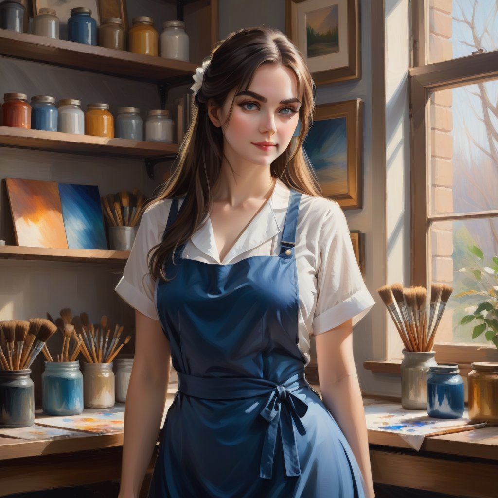 A Studio Encounter: A soft-focus, warm-toned oil painting depicts a gentle house maid posed in an artist's studio. She wears a simple, yet elegant blue dress and a crisp white apron, her long hair cascading down her back like a golden waterfall. Her piercing blue eyes, fringed with lush lashes, captivate the viewer's gaze, as if holding them spellbound. The room is dimly lit by a single, high-set window, casting a warm glow on the subject and the various art supplies scattered about. In the background, shelves lined with paints, brushes, and canvases add a sense of artistic depth to the scene.