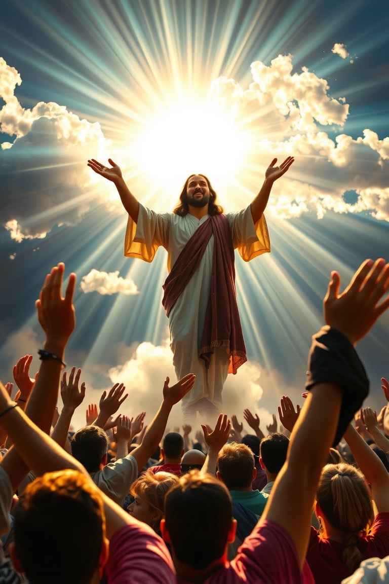 A sun-drenched sky frames the ecstatic scene as hundreds gather to witness Christ's ascension. Wearing mideastern garb of the  times of Jesus. Tears of joy stream down faces upturned in awe, as the resurrected Savior rises into the heavens, his radiant form aglow with divine light. The atmosphere is electric with emotion, as the crowd stretches out hands in worship, their voices lifted in praise and thanksgiving.