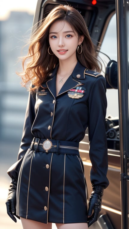 Helicopter, combat helicopter, helicopter, 18 years old, 1 girl, beautiful Korean girl, helicopter pilot, pilot suit (navy uniform), pilot jacket, dark blue tight skirt, combat boots, wearing gloves, standing nearby helicopter, solo, {beautifully detailed eyes}, blue eyes, calm expression, delicate features, ((model pose)), attractive figure, (brown hair: 1.2), knotted hair, waist Upper hair, curly hair, very long hair, simple small necklace, earrings, thin particles, real hands, masterpiece, top quality, 16k, photorealistic, super detailed, finely detailed, high resolution, perfect dynamic beautiful composition, beautifully detailed eyes, relaxed, sharp focus, full body, cowboy shot, nice smile, teeth,