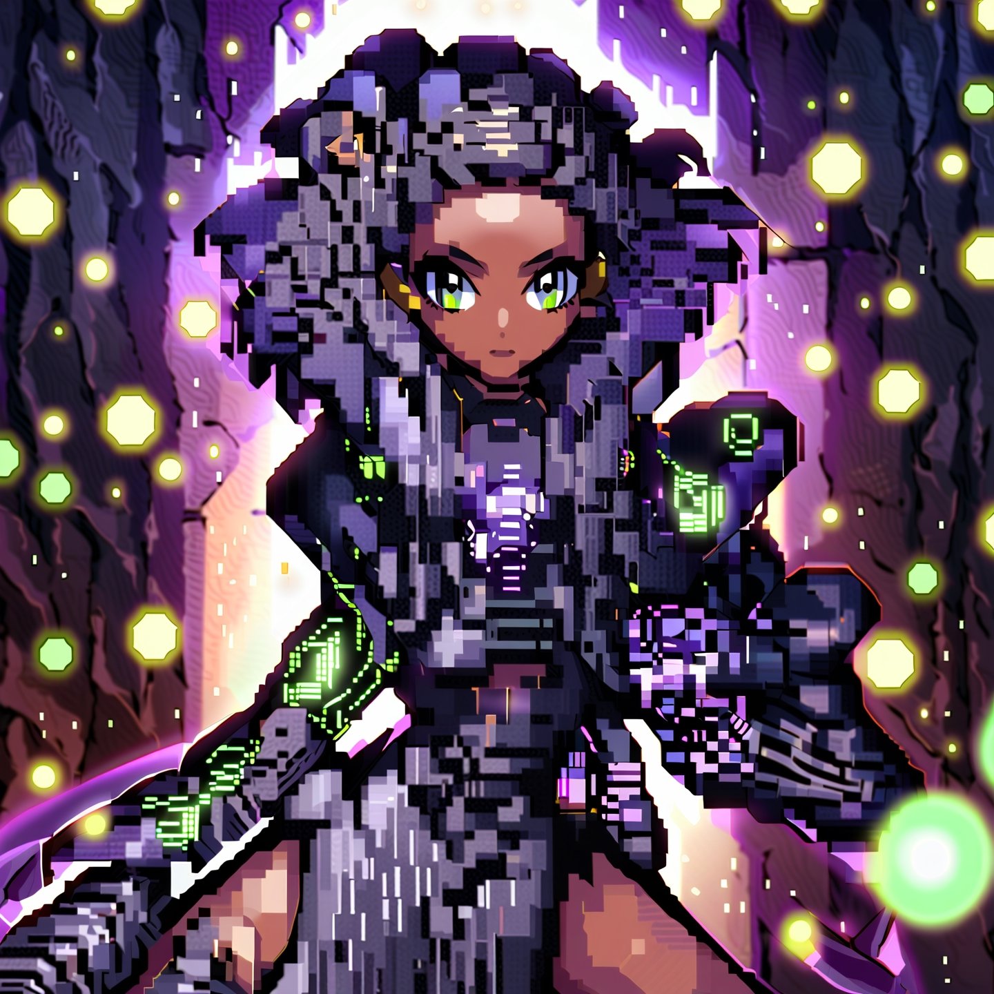 centered, digital art, upper body, (beautiful detailed eyes:1.2), | solo, ebony woman, wearing the black and purple cybernetic armor with green parts of Space Woman, tight bodysuit, black hair, dreadlock hair, emerald eyes, muscular proportions, | in a dungeon made all of metal, | bokeh , depth of field