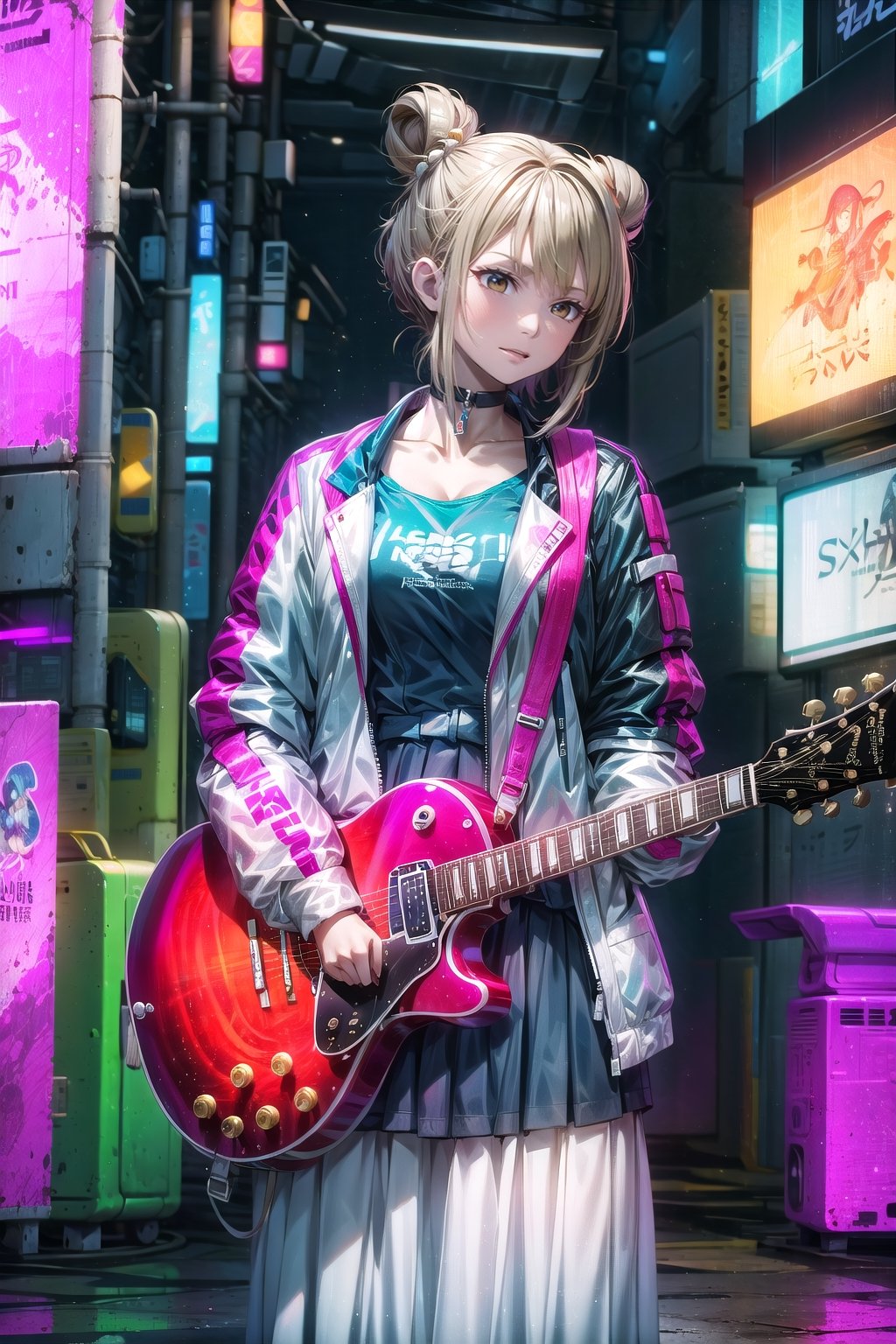 1girl, solo, jacket, choker, hair bun, lips, single hair bun, guitar, long skirt, realistic,Cyberpunk,scandal haruna