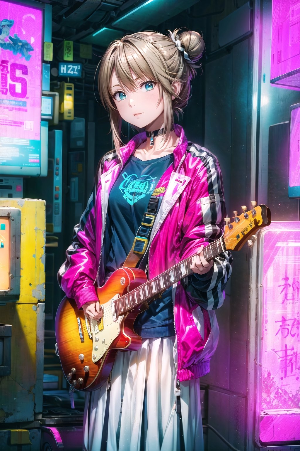 1girl, solo, jacket, choker, hair bun, lips, single hair bun, guitar, long skirt, realistic,Cyberpunk,scandal haruna