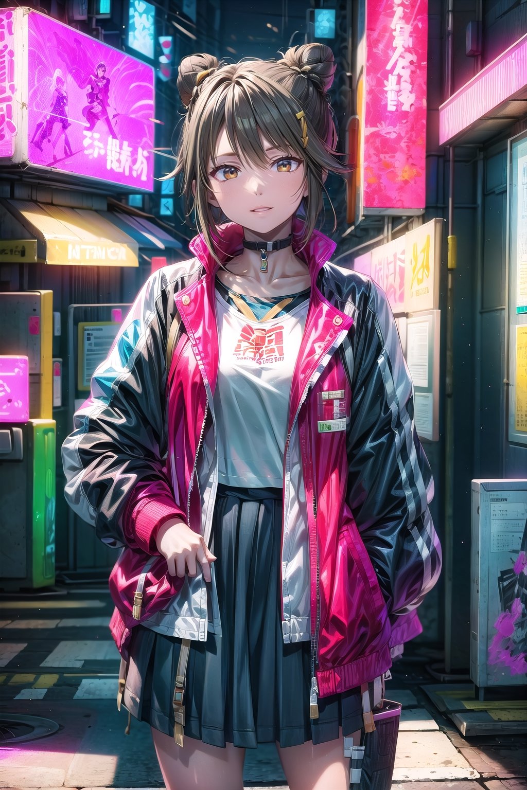 1girl, solo, jacket, choker, hair bun, lips, single hair bun, guitar, long skirt, realistic,Cyberpunk,scandal haruna