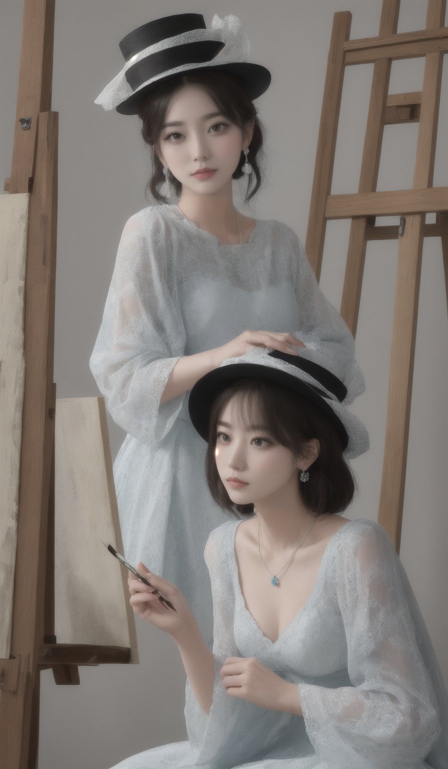 background is glassland,horizon,forest,easel,
18 yo, 1 girl, beautiful korean girl,sit on glassland, making a picture,painting,sit aside easel,holding a palette left hand,painting brush right hand,
happy smile,wearing lovely dress(princess),women hat(small),
solo, {beautiful and detailed eyes}, dark eyes, calm expression, delicate facial features, ((model pose)), Glamor body type, (dark hair:1.2),
simple tiny necklace,simple tiny earrings, flim grain, realhands, masterpiece, Best Quality, 32k, photorealistic, ultra-detailed, finely detailed, high resolution, perfect dynamic composition, beautiful detailed eyes, eye smile, ((nervous and embarrassed)), sharp-focus, full_body, cowboy_shot,
