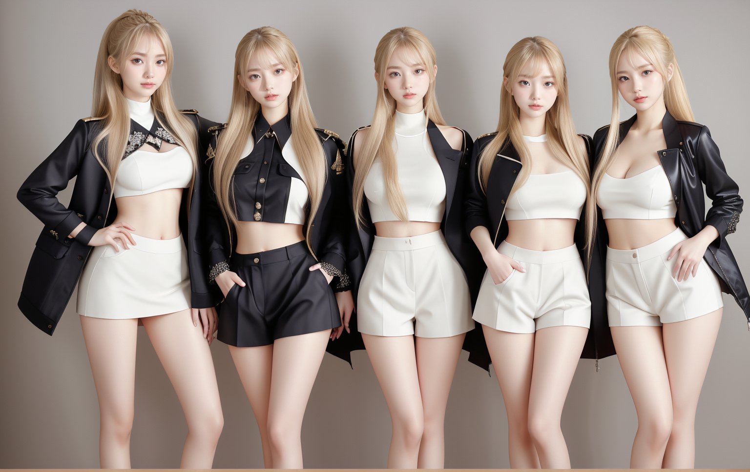 (((32k UHD)))(((Canon RF85mm f/1.5, best quality, portrait, 1 female)), (((Korea, kpop 20-year-old idol: 1.5))), (((long blonde ponytail ) )), ((((female height 175cm model full body))),((black high heels))) (((white micro mini dress)))
A group of four anime girls stand together, their eyes gleaming in unison as they confidently showcase their curvaceous physiques. Each wears a pair of daringly short shorts that accentuate their toned legs, paired with sleek jackets that add a touch of sophistication to their overall look. The camera captures them from the side, highlighting the striking pose and the subtle smile playing on each girl's lips.