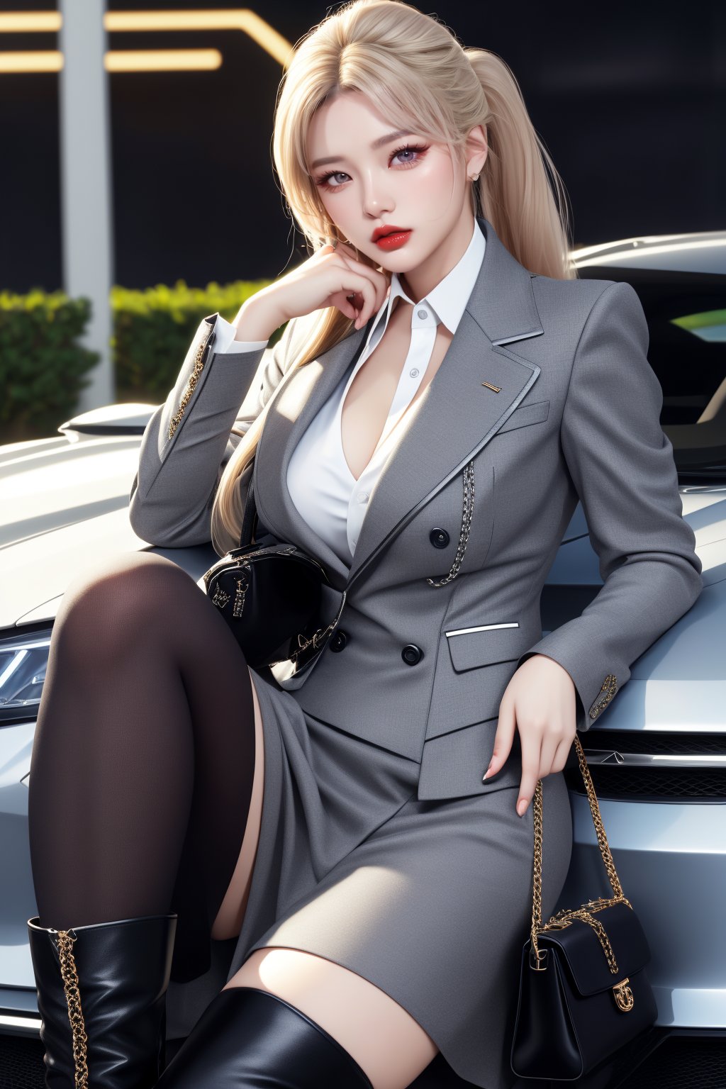 ((32kUltra HDR: 1.5)))(((Canon RF85mm f/1.5, highest quality, portrait, 1 female))), (((Korea, kpop 18-year-old idol: 1.5))), (((long blonde ponytail ))), (((female height 175cm model full body))),(((black high heels))),(((ankle boots, high heel boots, realistic, details))),(((D-CUP Chest Open))), (((Center, eye contact, detailed face,)))
A masterpiece, top quality, highly detailed image shows a woman leaning against (((Lamborghini car))). She is dressed in a professional yet sophisticated style, wearing a double-breasted button-down gray knee-length dress with a white collared shirt tucked in. This dress with a flared skirt adds a cheerful feel to her outfit. She accessorized with a black and white checked (((Chanel))) shoulder bag secured with a chain strap. Her shoes are black high heel ankle boots. She strikes a leisurely pose, lightly touching her dress with one hand and leaning slightly against her car. Her overall impression is one of confidence and sophistication.