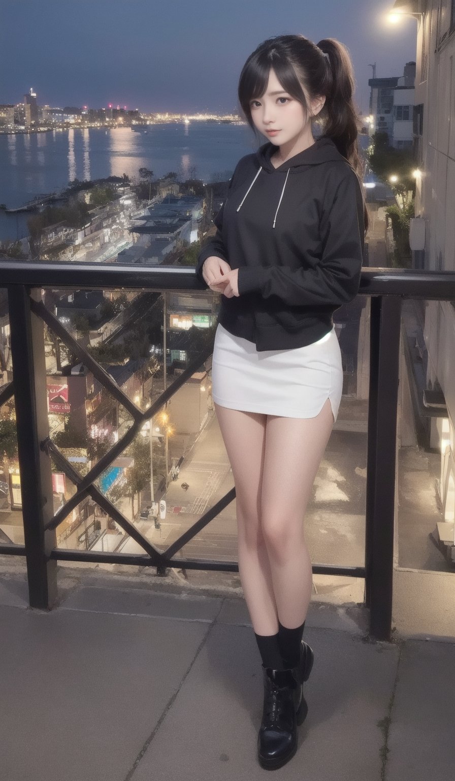 
 (((32K CG, UHD, detailed view))),()(Full-length))),(((full body:1.3))) (RAW photo, best quality), (realistic),photo, masterpiece, 1girl, ponytail, looking at viewer, hoodies, jacket, shorts, at night outdoor, harbor, street, full body, (light smile:0.7),blush, long shot,photorealistic,Secretary_uniform,white_shirt,black_leather_skirt,black_stockings,Korean,Beauty,idol