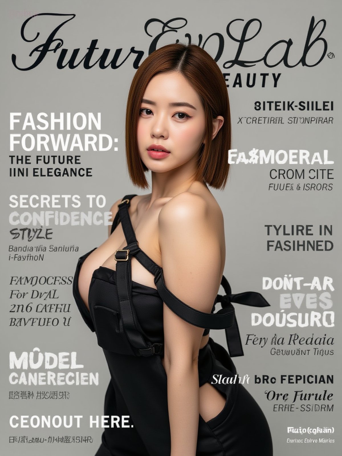 A high-fashion magazine cover featuring a close-up, upper-body shot of a beautiful Japanese female model with an enhanced bust size, confidently posing with elegance. Her sharp yet graceful facial features are highlighted, and she wears a stylish, modern outfit that accentuates her figure while maintaining a sophisticated and polished look. The background is a neutral gray with professional, magazine-quality lighting that enhances her photorealistic skin texture.

Across the cover, bold and stylish magazine text is displayed, including the title in elegant font: **"FuturEvoLab Beauty"** at the top. Other headlines include:
- **"Fashion Forward: The Future of Elegance"**
- **"Secrets to Confidence and Style"**
- **"Model of the Year: Embracing Allure and Power"**

The overall composition combines high-end fashion photography with captivating headlines that frame the model’s pose, drawing attention to her beauty and presence. The cover reflects sophistication, confidence, and modern fashion, with the FuturEvoLabBeautify aesthetic enhancing the visual impact.