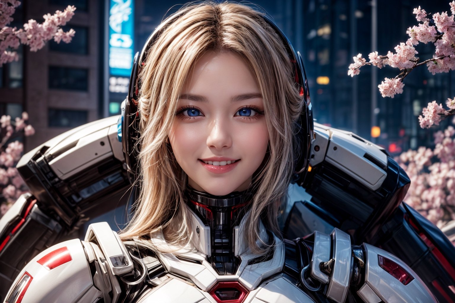 Masterpiece, High quality, 64K, Unity 64K Wallpaper, HDR, Best Quality, RAW, Super Fine Photography, Super High Resolution, Super Detailed, 
Beautiful and Aesthetic, Stunningly beautiful, Perfect proportions, 
1girl, Solo, White skin, Detailed skin, Realistic skin details, 
Futuristic Mecha, Arms Mecha, Dynamic pose, Battle stance, Swaying hair, by FuturEvoLab, 
Dark City Night, Cyberpunk City, Cyberpunk architecture, Future architecture, Fine architecture, Accurate architectural structure, Detailed complex busy background, Gorgeous, Cherry blossoms, ((Depth of field)), 
Sharp focus, Perfect facial features, Pure and pretty, Perfect eyes, Lively eyes, Elegant face, Delicate face, Exquisite face, 