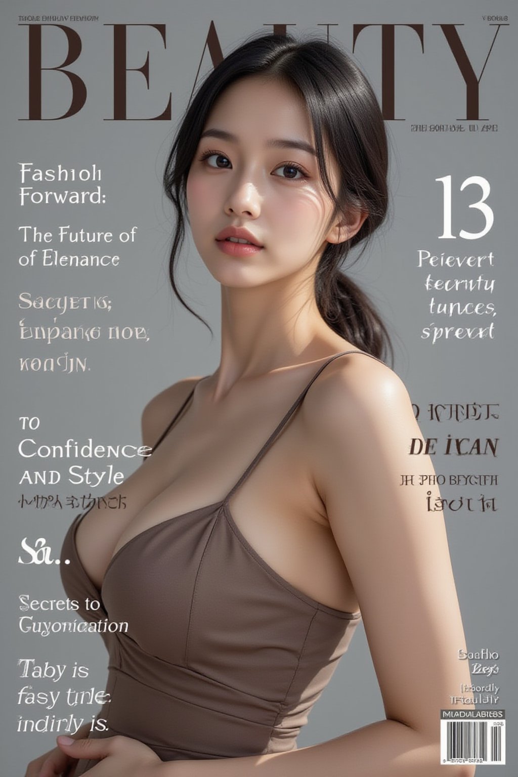 A high-fashion magazine cover featuring a close-up, upper-body shot of a beautiful Japanese female model with an enhanced bust size, confidently posing with elegance. Her sharp yet graceful facial features are highlighted, and she wears a stylish, modern outfit that accentuates her figure while maintaining a sophisticated and polished look. The background is a neutral gray with professional, magazine-quality lighting that enhances her photorealistic skin texture.

Across the cover, bold and stylish magazine text is displayed, including the title in elegant font: **"FuturEvoLab Beauty"** at the top. Other headlines include:
- **"Fashion Forward: The Future of Elegance"**
- **"Secrets to Confidence and Style"**
- **"Model of the Year: Embracing Allure and Power"**

The overall composition combines high-end fashion photography with captivating headlines that frame the model’s pose, drawing attention to her beauty and presence. The cover reflects sophistication, confidence, and modern fashion, with the FuturEvoLabBeautify aesthetic enhancing the visual impact.