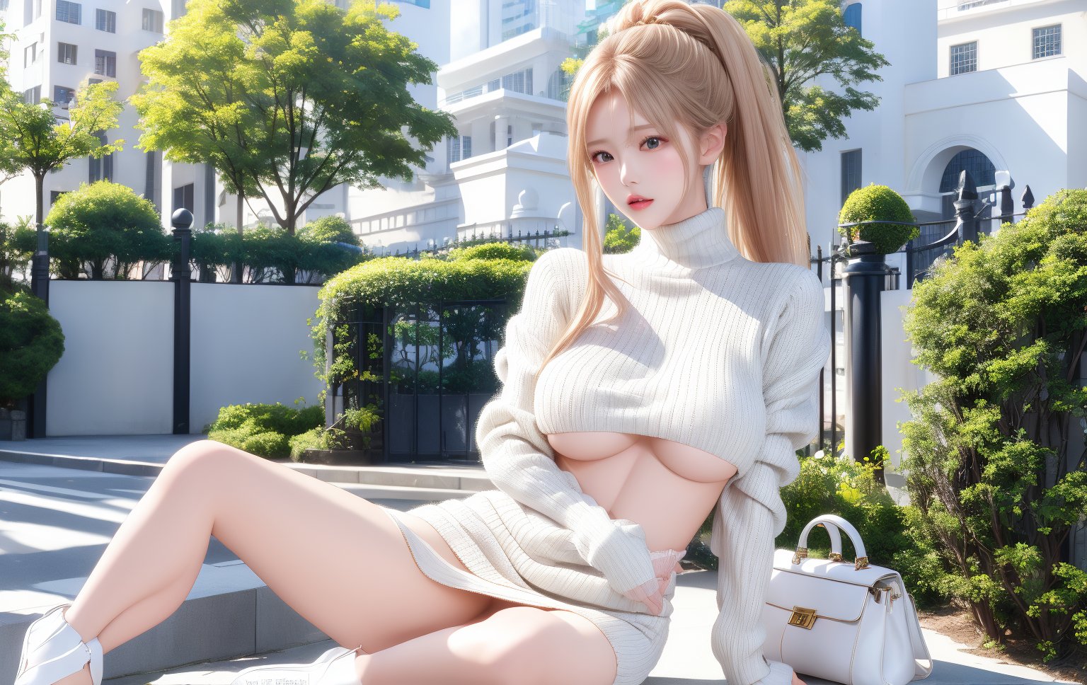 ((32kUltra HDR: 1.5)))(((Canon RF85mm f/1.5, highest quality, portrait, 1 female))), (((Korea, kpop 22-year-old idol: 1.5))), (((long blonde ponytail ))), (((female height 175cm model full body))),(((black high heels))),(((ankle boots, high heel boots, realistic, details))),(((D-CUP Chest Open))), (((Center, eye contact, detailed face,))) 

The task is asking to annotate the image by identifying and describing its content using natural language. In this case, the content includes a woman dressed in a white, ribbed, turtleneck dress with a cut-out detail on the shoulder. She is accessorized with high-heeled shoes and carrying a white bag. The setting appears to be an outdoor urban environment during daylight, characterized by well-maintained greenery and architectural elements like a black gate and a white building. The description should capture these elements objectively without any bias or personal interpretation of the subject's identity or context beyond what is visible in the image.,sssggg,sexy, crop shirt underboob,crop top