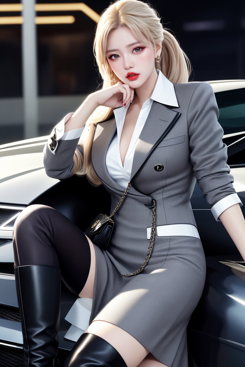 ((32kUltra HDR: 1.5)))(((Canon RF85mm f/1.5, highest quality, portrait, 1 female))), (((Korea, kpop 18-year-old idol: 1.5))), (((long blonde ponytail ))), (((female height 175cm model full body))),(((black high heels))),(((ankle boots, high heel boots, realistic, details))),(((D-CUP Chest Open))), (((Center, eye contact, detailed face,)))
A masterpiece, top quality, highly detailed image shows a woman leaning against (((Lamborghini car))). She is dressed in a professional yet sophisticated style, wearing a double-breasted button-down gray knee-length dress with a white collared shirt tucked in. This dress with a flared skirt adds a cheerful feel to her outfit. She accessorized with a black and white checked (((Chanel))) shoulder bag secured with a chain strap. Her shoes are black high heel ankle boots. She strikes a leisurely pose, lightly touching her dress with one hand and leaning slightly against her car. Her overall impression is one of confidence and sophistication.