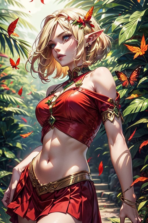 an elf, with long pointed ears, short blonde hair, detailed hair, She is dressed in a short red blouse that leaves her abdomen and shoulders exposed, as well as a red pleated skirt, all the clothes are adorned with gems and gold, The elf is inside a whirlwind of air and leaves fluttering around her.