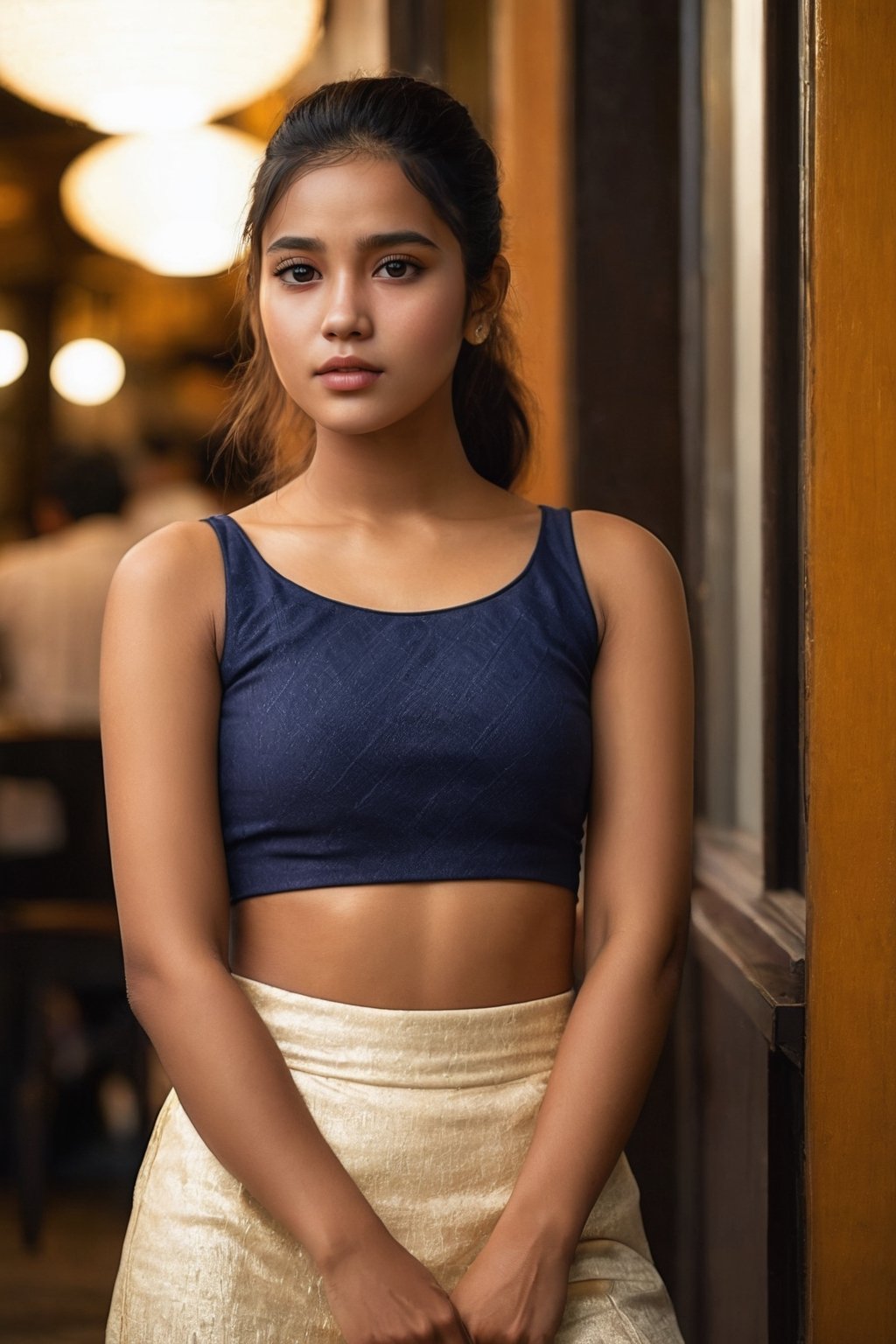  full body of beautiful face,hair golden colour,clothes, This image aims to capture a high level of realism, akin to a photograph taken with a Hasselblad camera.,himura kiseki (style),crop_top,arms_crossed,Nisha pstel, 22 years-old indian  at restaurant 