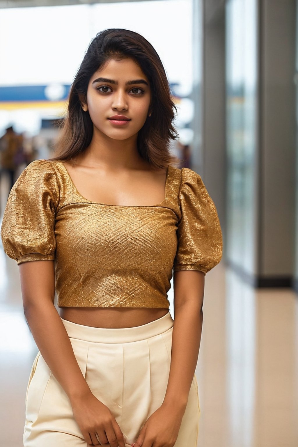  full body of beautiful face,hair golden colour,clothes, This image aims to capture a high level of realism, akin to a photograph taken with a Hasselblad camera. brown colour croptop,short_puffy_sleeves ,Nisha pstel, 22 years-old indian at airport