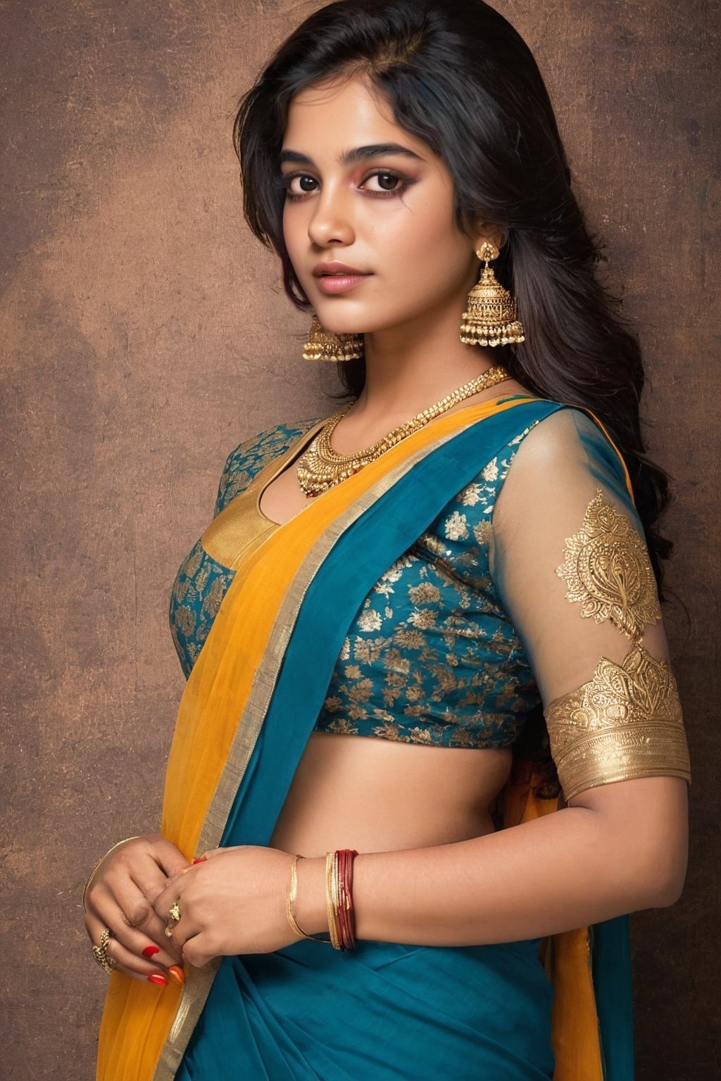 RAW full body of beautiful face,hair coloure, arms_over_head,,saree,tatoo,medium_breasts,alpha_layer, Nisha pstel, 22 years-old indian girl at  studio,gold_jewelry,neckless