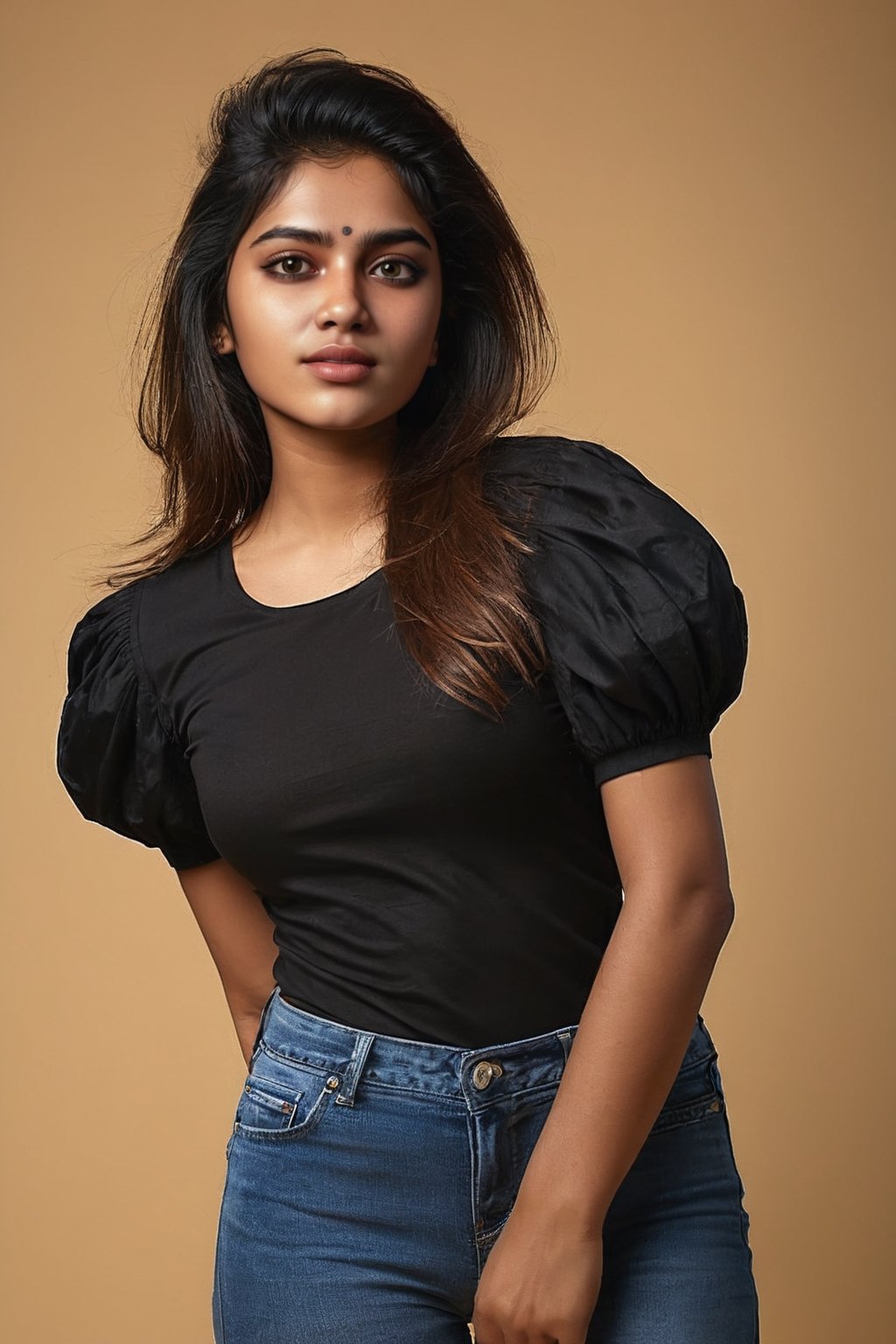  full body of beautiful face,hair golden colour,clothes, This image aims to capture a high level of realism, akin to a photograph taken with a Hasselblad camera. Black colour,naked_shirt,short_puffy_sleeves ,Nisha pstel, 22 years-old indian at studio 