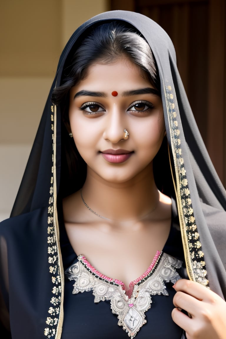 a young hot 19 years old Indian girl , curvy figure hourglass shape wearing black burkha, her face is cute and bright white, her lips are pink,kleedef