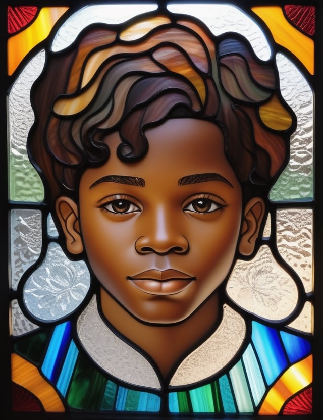 Create an intricate stained glass window artwork portraying a 15-year-old Nigerian boy with caramel skin and tightly curled, short hair. The focus is on a close-up of his face. Use the vibrant colors and delicate lines typical of stained glass to intricately capture every detail. Craft a superior stained glass piece that elegantly showcases the unique features of his appearance.

