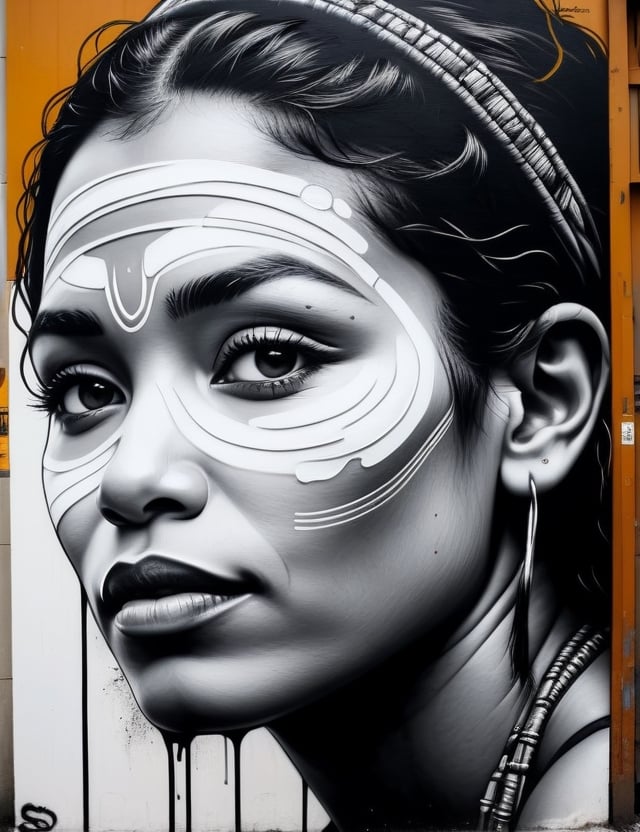 Create a striking urban art piece portraying a 30-year-old woman from the Amazon with caramel skin and straight, slightly wavy hair, with a close-up of her face. Intricately capture details using the urban art style, drawing inspiration from the urban art of Banksy, the urban murals of Os Gêmeos, and the urban art technique of Swoon. Craft a superior urban art piece that seamlessly blends these influences into an outstanding portrayal.

