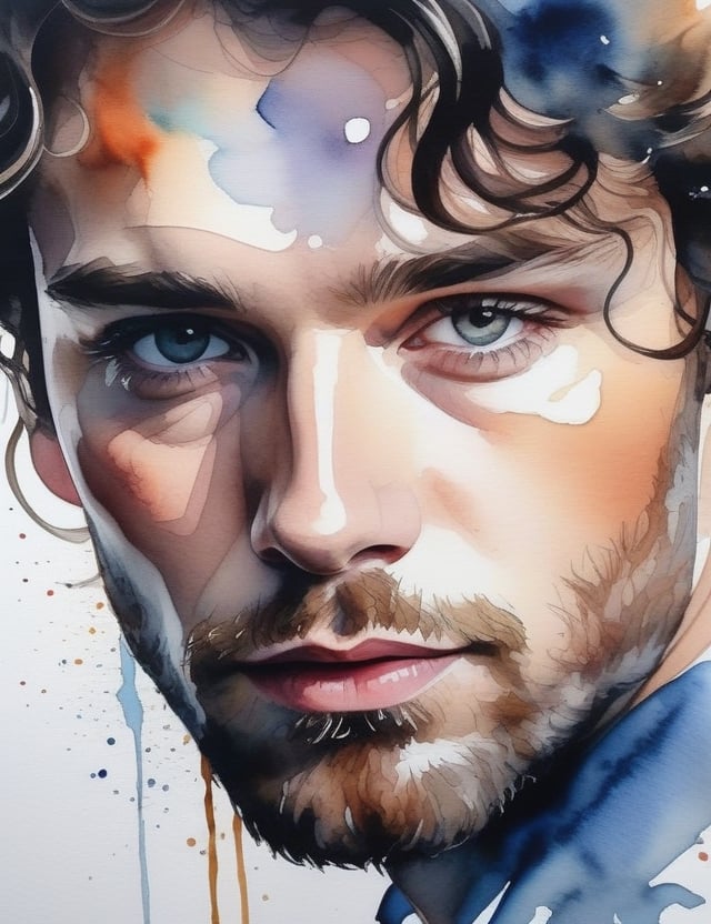 Create a mesmerizing watercolor artwork on canvas, portraying a 30-year-old man from Russia with fair skin and wavy, well-defined curls, with a close-up of his face. Intricately capture details using the watercolor medium on canvas. Draw inspiration from the watercolor works of Agnes Cecile, the watercolor paintings of Anna Armona, and the watercolor on canvas technique of Tilen Ti. Craft a superior watercolor artwork that seamlessly blends these influences into an outstanding portrayal.

