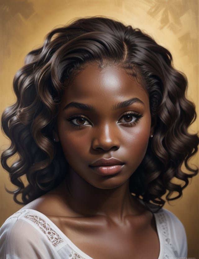 Create a stunning realistic artwork portraying a 15-year-old Nigerian girl. Pay meticulous attention to detail, capturing the deep black skin tone and her tightly coiled, well-separated, and free-flowing curls. The composition should be a close-up of her face, emphasizing the unique texture of her hair and the rich features of her complexion. Employ a realistic style to convey the subtleties of her expression, ensuring a lifelike and expressive representation.

