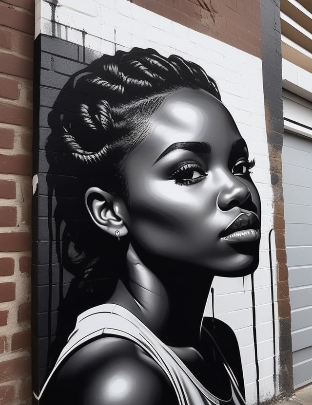 
Create a striking black and white graffiti artwork on a wall, portraying a 19-year-old girl from South Africa with dark skin and short, tightly curled hair, with a close-up of her face. Intricately capture details using the black and white graffiti style on the wall. Draw inspiration from the wall art of Faith47, the graffiti works of DALeast, and the wall graffiti technique of Karabo Poppy. Craft a superior graffiti artwork that seamlessly blends these influences into an outstanding portrayal.

