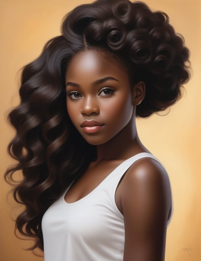 Create a stunning realistic artwork portraying a 15-year-old Nigerian girl. Pay meticulous attention to detail, capturing the deep black skin tone and her tightly coiled, well-separated, and free-flowing curls. The composition should be a close-up of her face, emphasizing the unique texture of her hair and the rich features of her complexion. Employ a realistic style to convey the subtleties of her expression, ensuring a lifelike and expressive representation.

