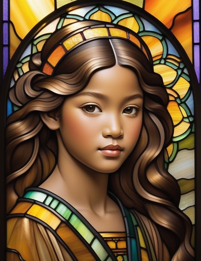 Create a captivating stained glass artwork portraying a 12-year-old girl of Oriental descent with caramel skin and tightly curled hair, with a close-up of her face. Intricately capture details using the stained glass medium, drawing inspiration from the stained glass art of Tiffany Studios, the stained glass windows of Louis Comfort Tiffany, and the stained glass technique of Japonisme. Craft a superior stained glass artwork that seamlessly blends these influences into an outstanding portrayal.

