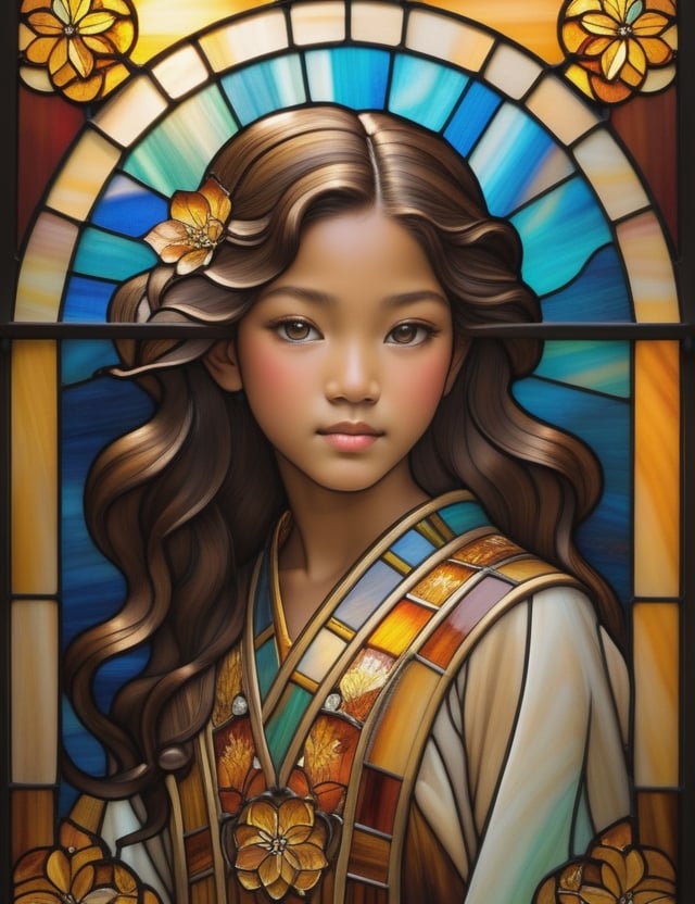 Create a captivating stained glass artwork portraying a 12-year-old girl of Oriental descent with caramel skin and tightly curled hair, with a close-up of her face. Intricately capture details using the stained glass medium, drawing inspiration from the stained glass art of Tiffany Studios, the stained glass windows of Louis Comfort Tiffany, and the stained glass technique of Japonisme. Craft a superior stained glass artwork that seamlessly blends these influences into an outstanding portrayal.

