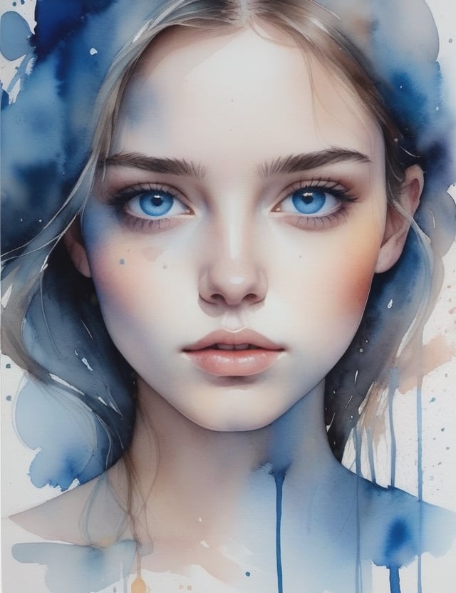 Create a mesmerizing watercolor artwork portraying a 20-year-old woman from Serbia with fair skin, straight, well-defined hair, and blue eyes, with a close-up of her face. Intricately capture details using the watercolor medium, drawing inspiration from the watercolor works of Agnes Cecile, the watercolor paintings of Anna Armona, and the watercolor technique of Tilen Ti. Craft a superior watercolor artwork that seamlessly blends these influences into an outstanding portrayal.

